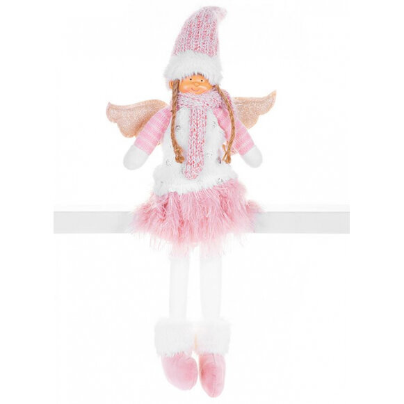 Anjelik s ružovou krátkou sukňou, látkový, ružovo-biely, 23x12x59 cm