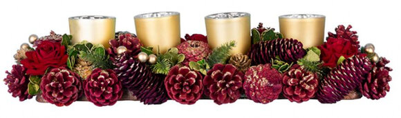Ikebana prírodná, adventná, zlaté poháriky, červená, 45 cm