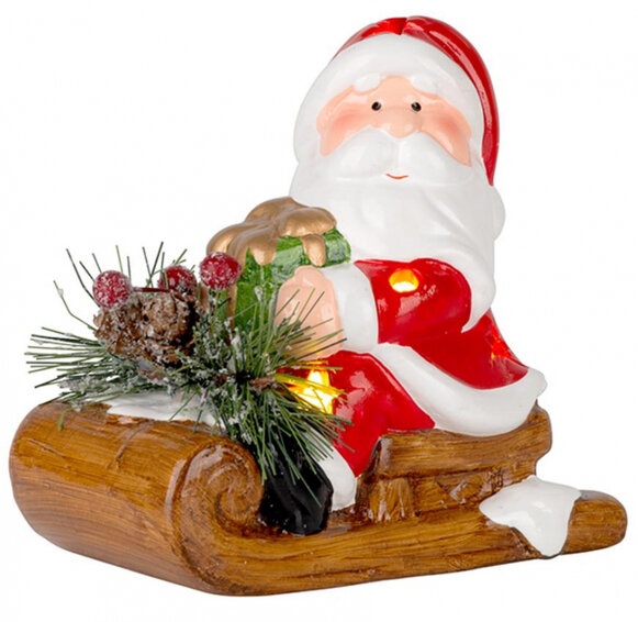 Santa na saniach, LED, terakota, 12,6x8,5x11,5 cm