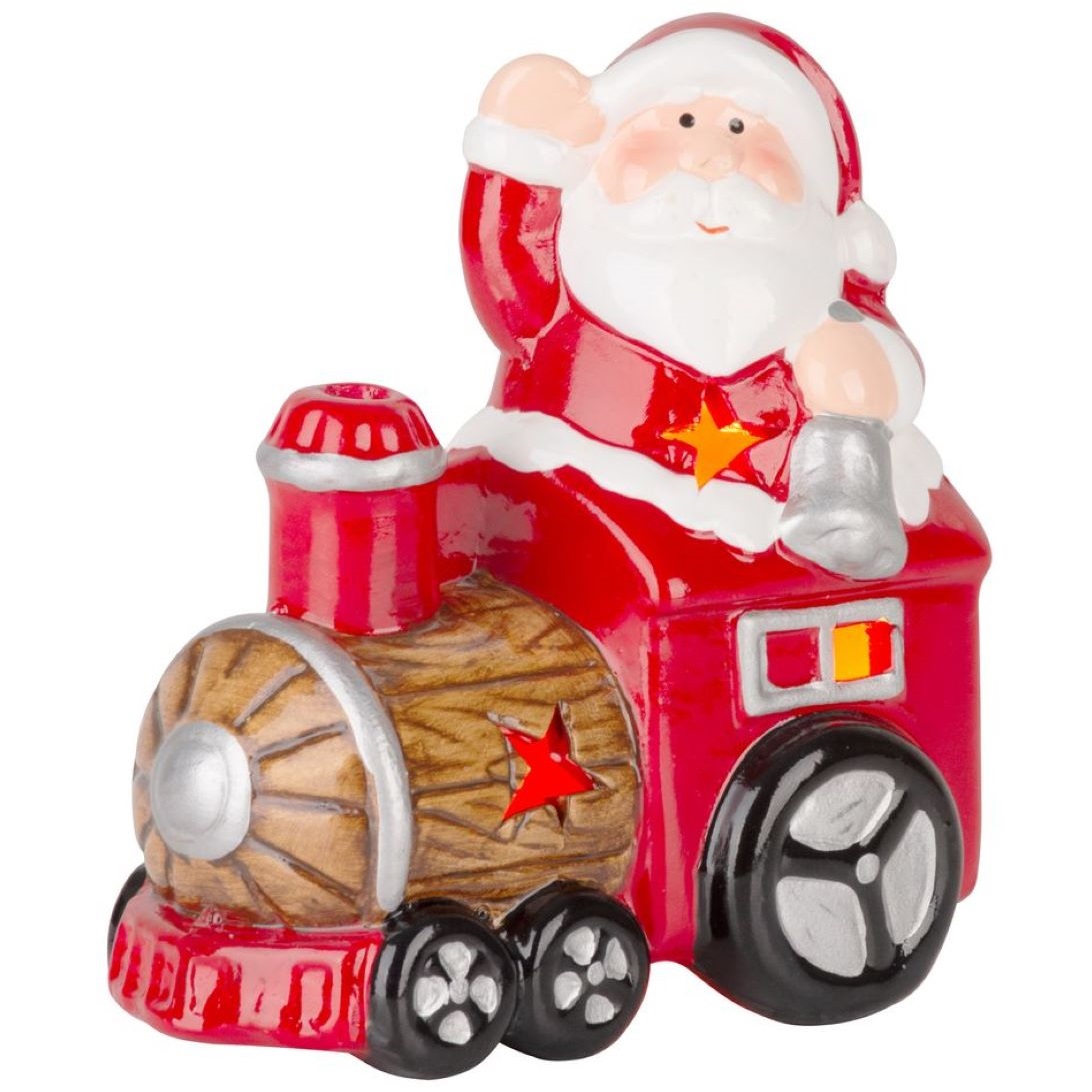 Santa s vláčikom, LED, terakota, 10,3×6,3×10,7 cm