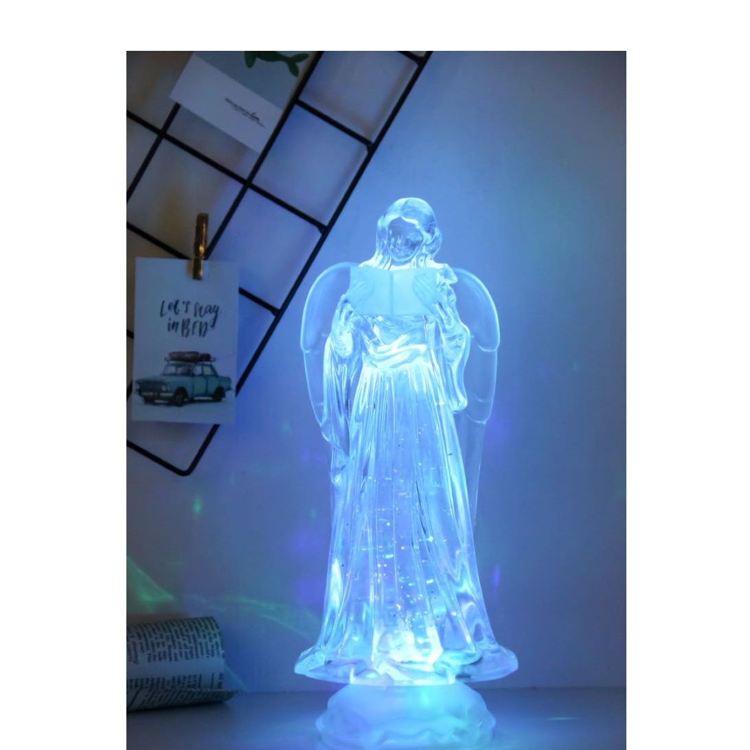 Anjel, LED, meniaca farby, s plávajúcimi trblietkami, PE, 3xAAA, 10×25 cm