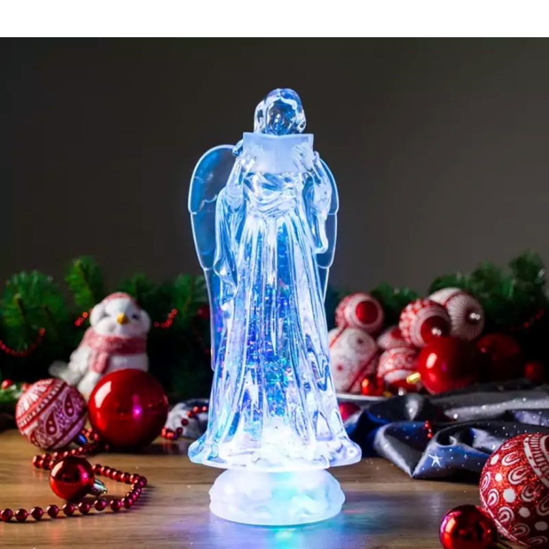 Anjel, LED, meniaca farby, s plávajúcimi trblietkami, PE, 3xAAA, 10×25 cm