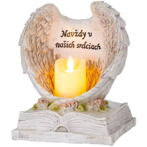 Anjelské krídla na knihe so sviečkou, LED, polyresin, na hrob