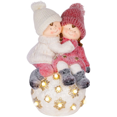 Chlapec a dievčatko na guli, 9 LED, 3xAA, keramika, interiér, 32,50x30x50 cm