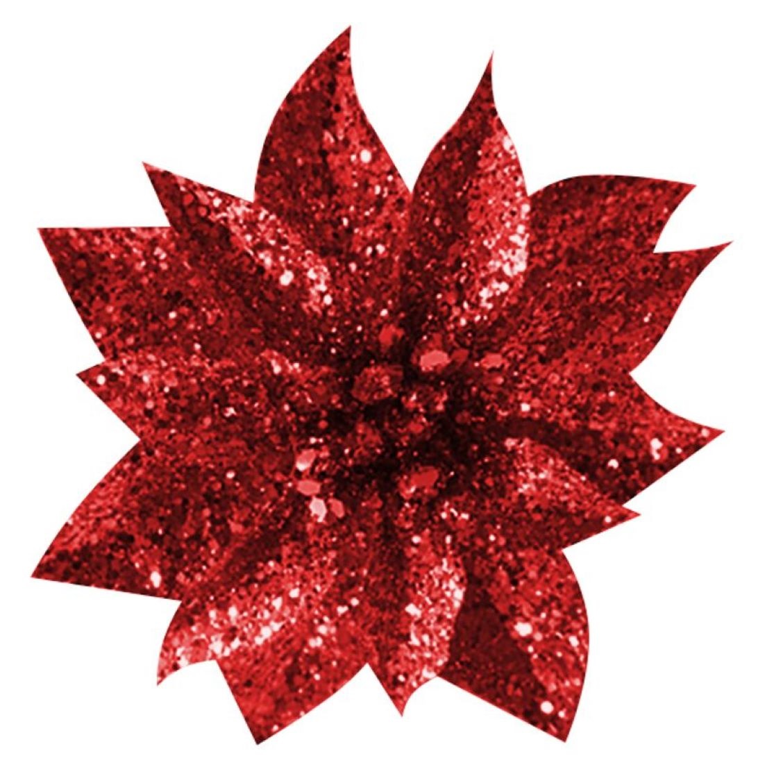 GlitterPoinsettia, so štipcom, červený, veľkosť kvetu: 9 cm, 6 ks