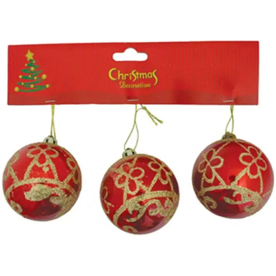 Gule Vianoce, 3 ks, červené so zlatým ornamentom, 6 cm