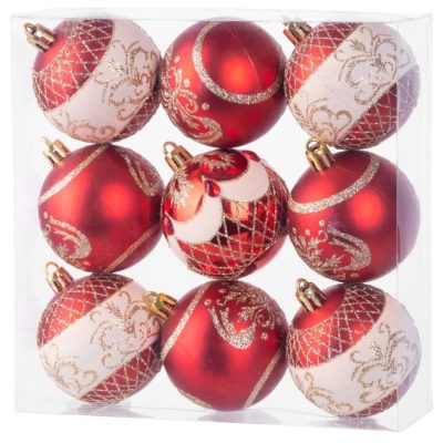 Gule Vianoce, 9 ks, červené s ornamentom, na vianočný stromček, 6 cm