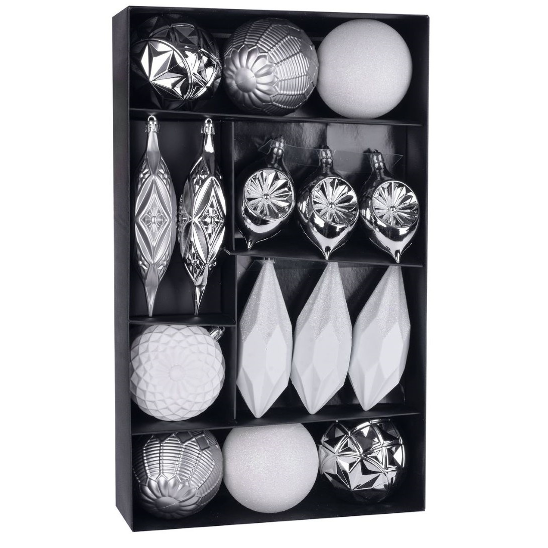Gule Vianoce, set, 15 ks, bielo – strieborné, na vianočný stromček, 8-15 cm
