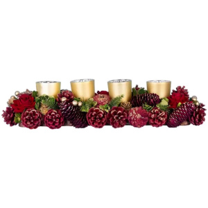 Ikebana prírodná, adventná, zlaté poháriky, červená, 45 cm
