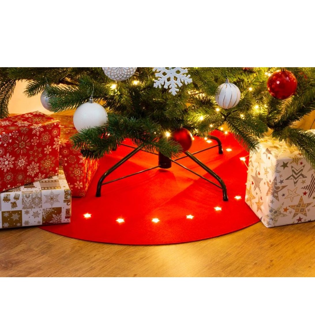 Koberec červený, s hviezdičkami, 22 LED, teplá biela, 2xAA, 90 cm