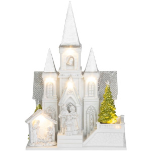 Kostol s betlehemom, 6 LED biela, 3xAA, interiér, 17x13x25 cm