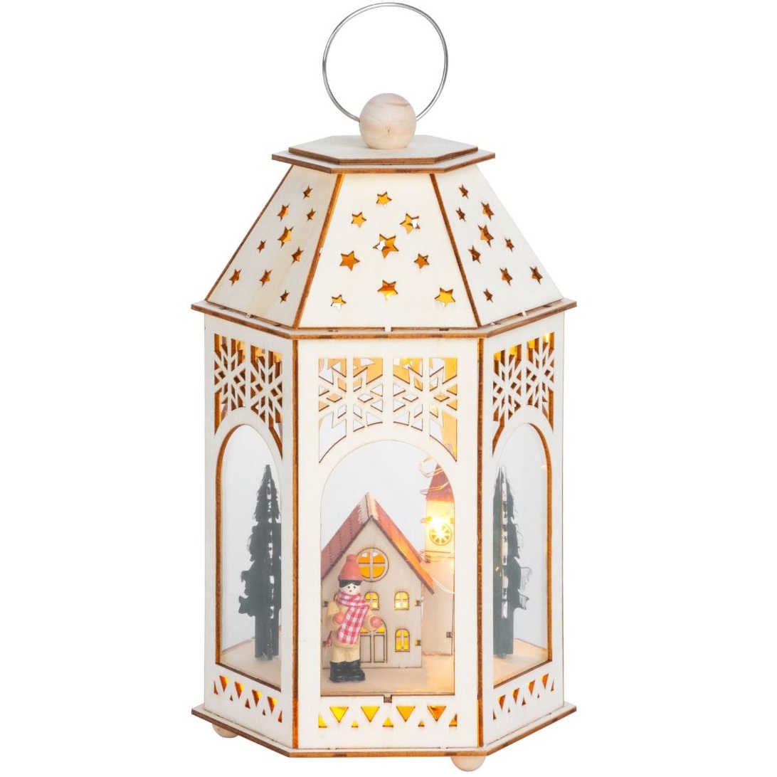 Lampáš Drevená dedinka, 9 LED, teplá biela, 16,5x14x30 cm