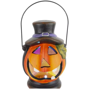 Lampášik tekvica LED, s klobúkom, keramika, 15 cm
