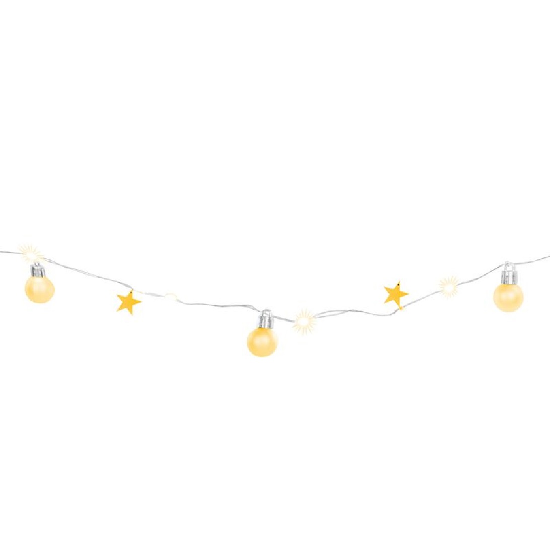 Reťaz Ball, 20 LED teplá biela, s guľami a hviezdami, zlatá