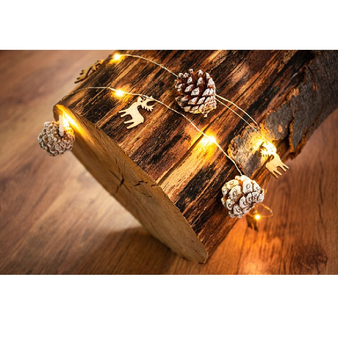 Reťaz Pine, 20 LED teplá biela, so zasneženými šiškami