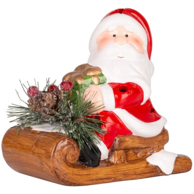 Santa na saniach, LED, terakota, 12,6×8,5×11,5 cm