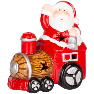 Santa s vláčikom, LED, terakota, 10,3×6,3×10,7 cm