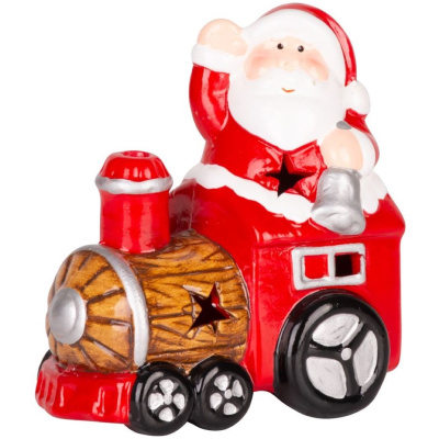 Santa s vláčikom, LED, terakota, 10,3×6,3×10,7 cm