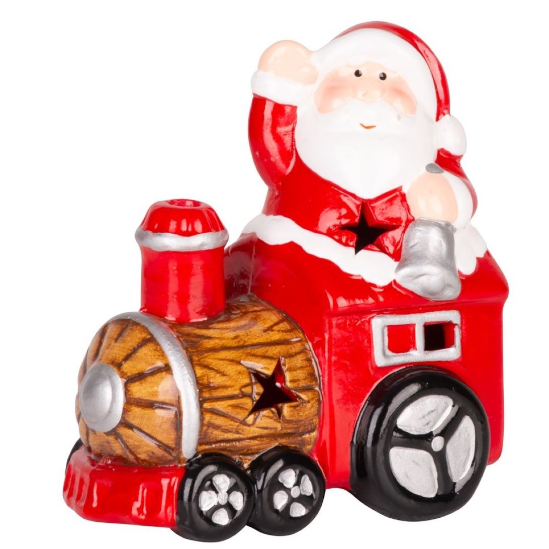 Santa s vláčikom, LED, terakota, 10,3×6,3×10,7 cm