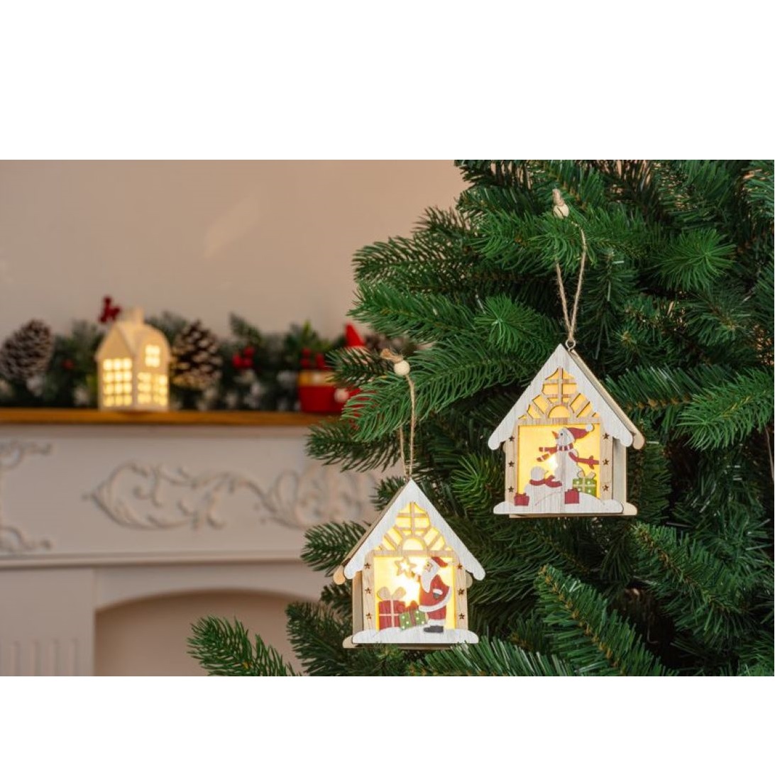 Santa v domčeku, LED, závesná, 9x3x10,4 cm