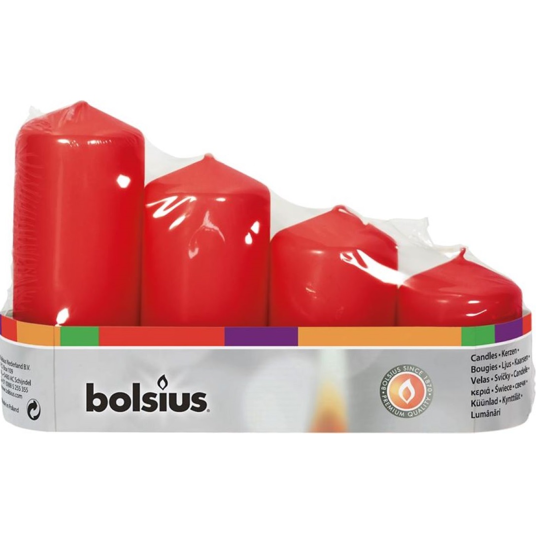 Sviečky bolsius Pillar Advent, červené, bal. 4 ks
