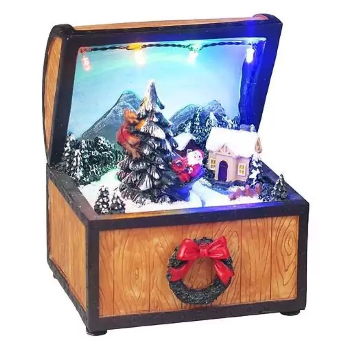 Truhlica, 4 LED multi, polyresin, 3xAA, interiér, 10x10x13 cm