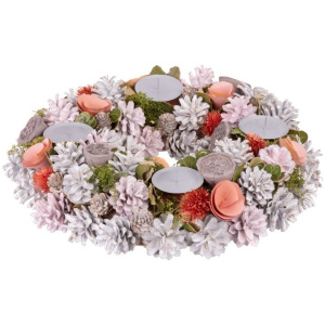 Veniec prírodný, adventný, ružový, sivé hroty, 38 cm