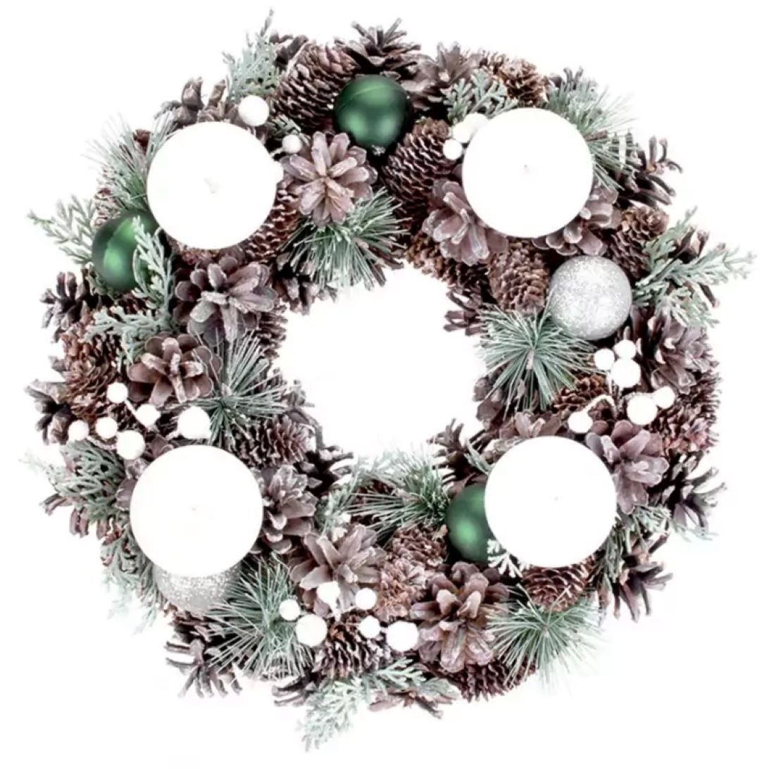 Veniec prírodný, adventný, so zelenými guľami, 34 cm