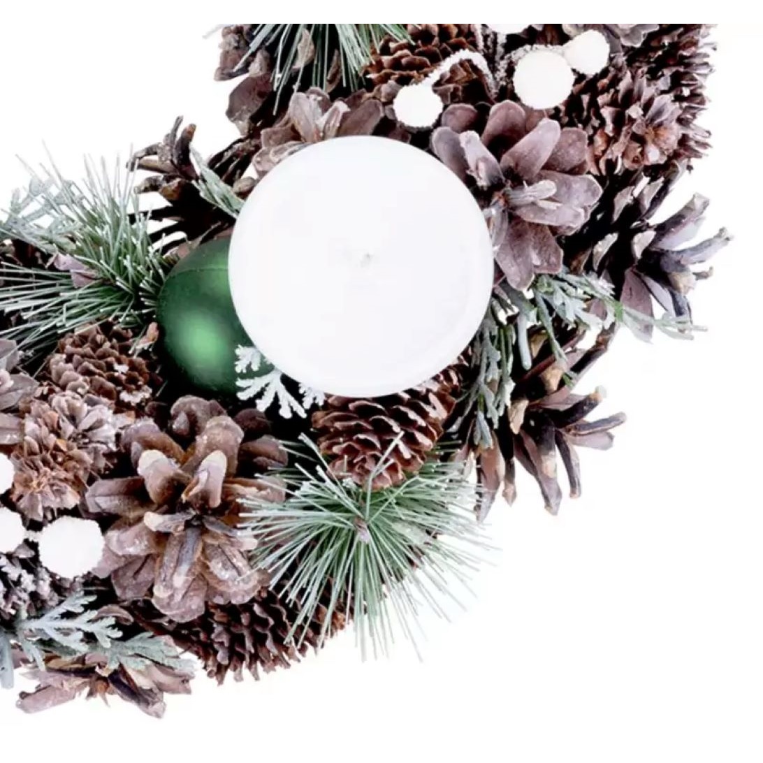 Veniec prírodný, adventný, so zelenými guľami, 34 cm