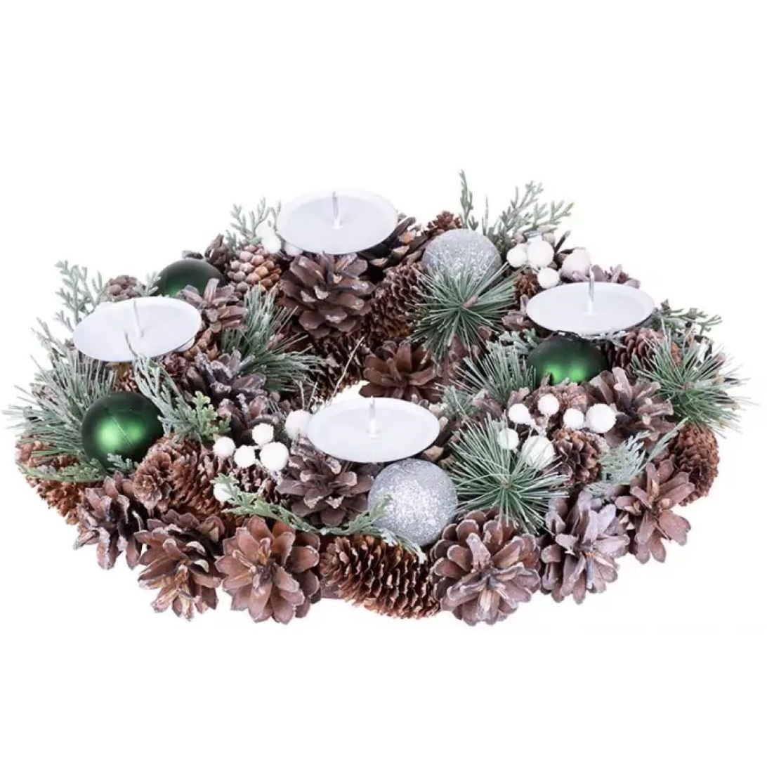Veniec prírodný, adventný, so zelenými guľami, 34 cm