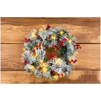 Veniec prírodný, so šiškami, 20 LED, teplá biela, 3xAA, 8 funkcií, 30 cm