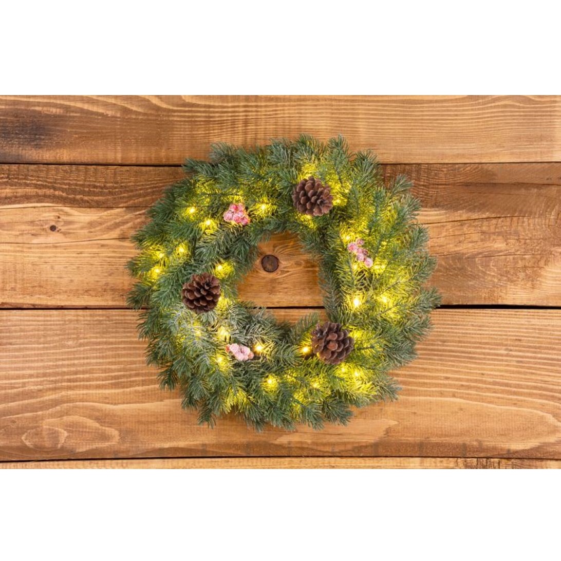 Veniec prírodný, zasnežený, 48 LED, IP20, 2xAA, 40 cm