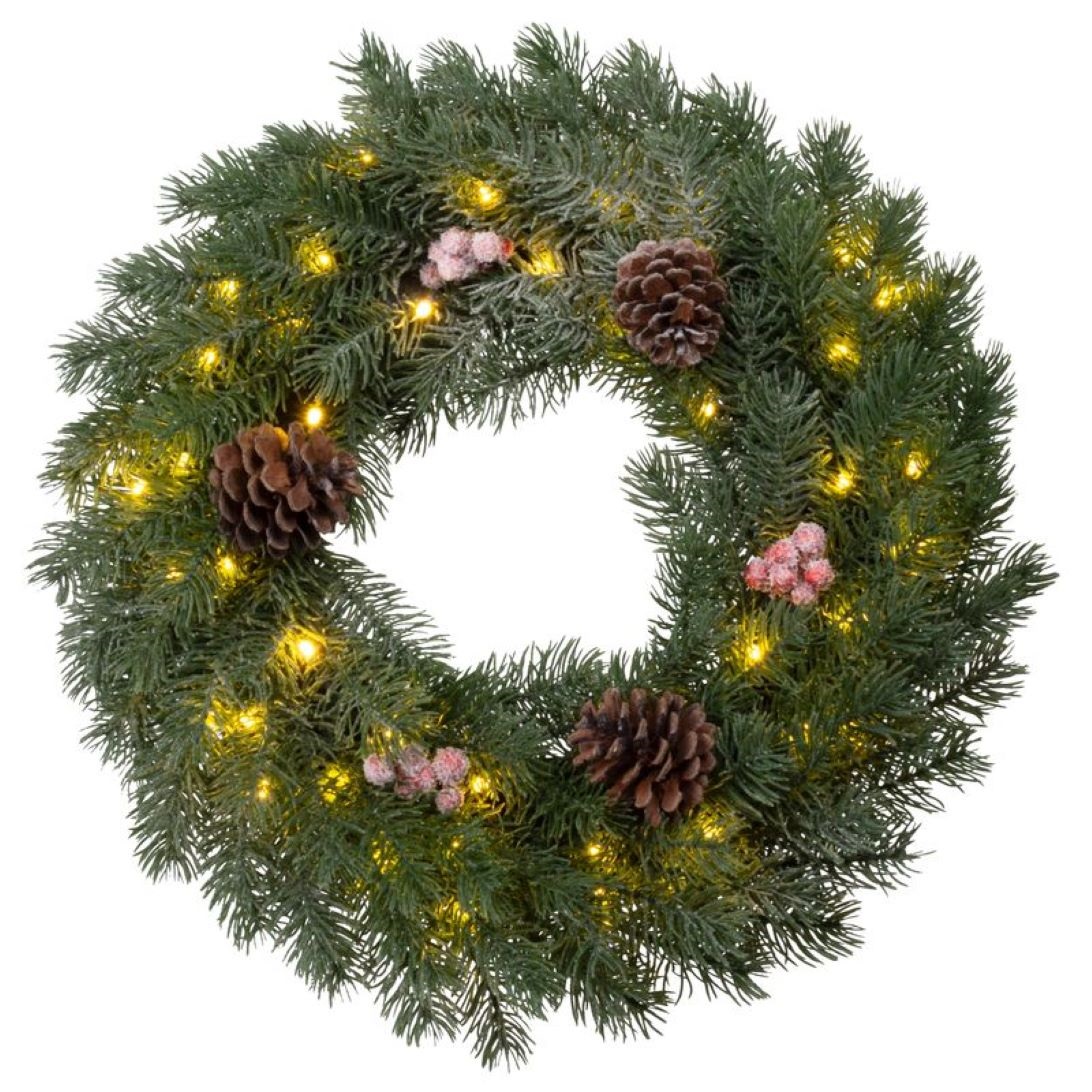 Veniec prírodný, zasnežený, 48 LED, IP20, 2xAA, 40 cm