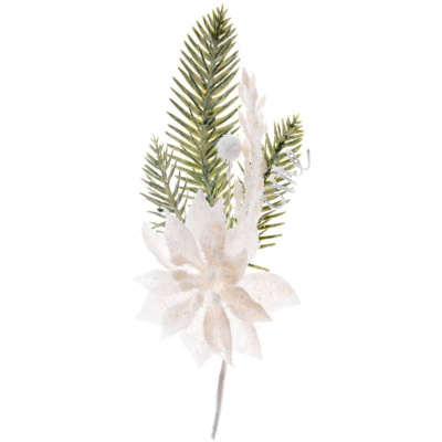 Vetvička s kvetom poinsettia, biela, 23 cm, bal. 6 ks