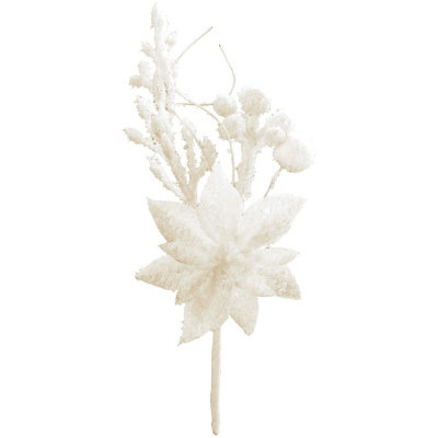Vetvička s kvetom poinsettia, biela, 19 cm, bal. 6 ks