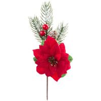 Vetvička s kvetom poinsettia, červená, 22 cm, bal. 6 ks