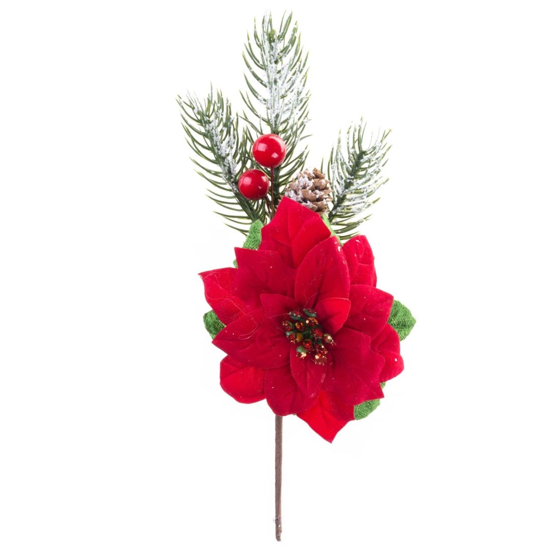 Vetvička s kvetom poinsettia, červená, 22 cm, bal. 6 ks