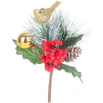 Vetvička s vtáčikom, červeno – zlatá, 16 cm, bal. 6 ks