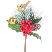 Vetvička s vtáčikom, červeno – zlatá, 16 cm, bal. 6 ks