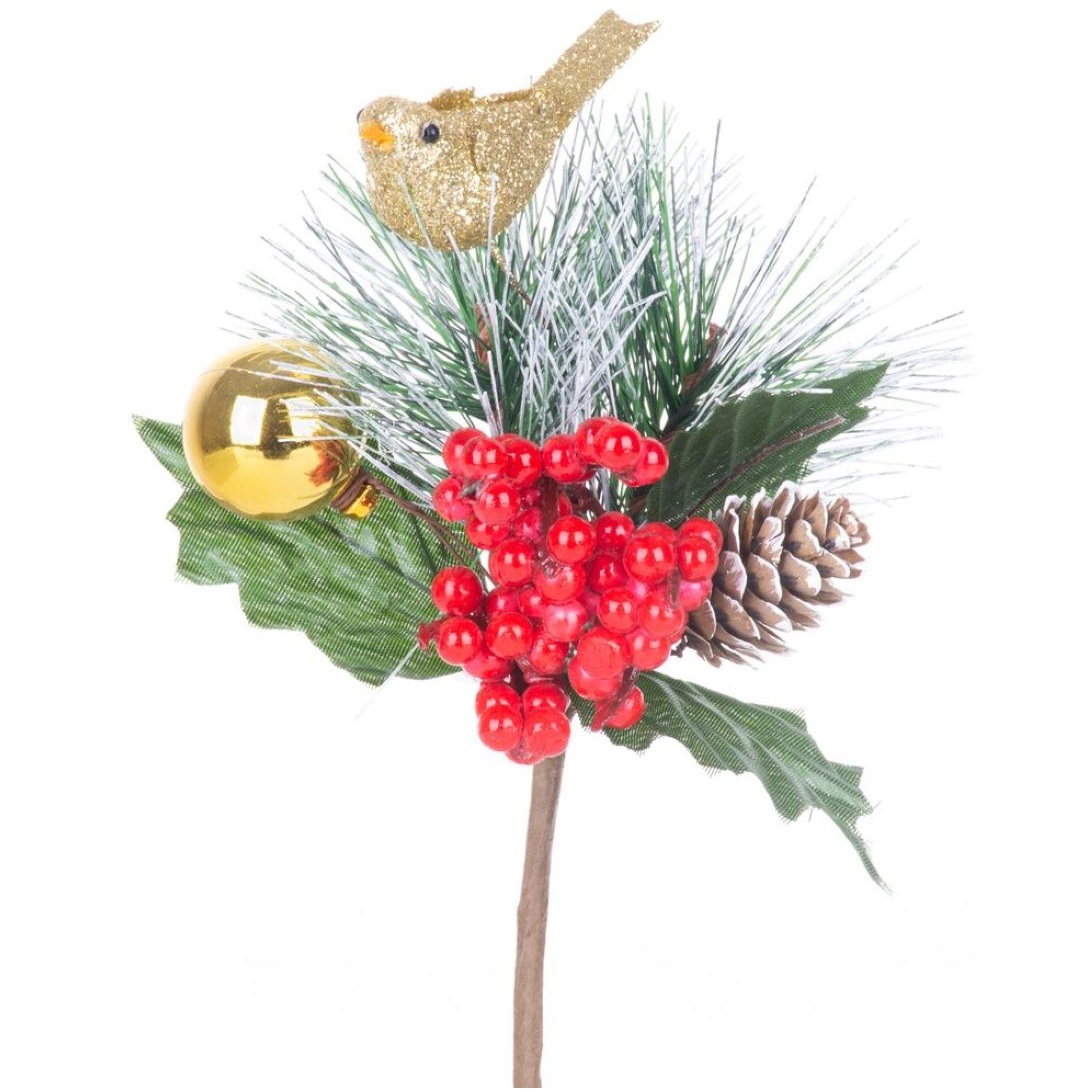 Vetvička s vtáčikom, červeno – zlatá, 16 cm, bal. 6 ks