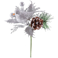 Vetvička s vtáčikom, strieborná 17 cm, bal. 6 ks