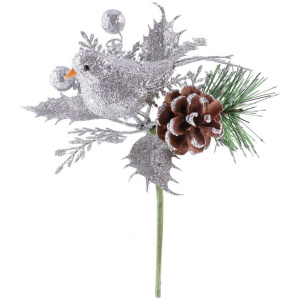 Vetvička s vtáčikom, strieborná 17 cm, bal. 6 ks