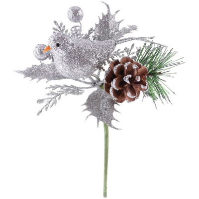 Vetvička s vtáčikom, strieborná 17 cm, bal. 6 ks