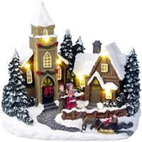 Vianočný domček, 6 LED teplá biela, s melódiami, polyresin, 3xAA, interiér, 19,50×12,80×18 cm