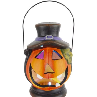 Lampášik tekvica LED, s klobúkom, keramika, 15 cm